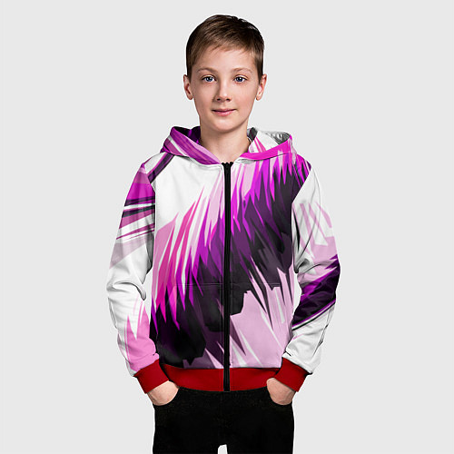 Детская толстовка на молнии Чёрно-розовые острые полосы на белом фоне / 3D-Красный – фото 3
