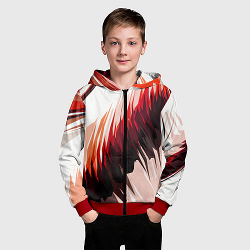 Детская толстовка на молнии Чёрно-красные острые полосы на белом фоне / 3D-Красный – фото 3
