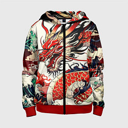 Толстовка на молнии детская Красный дракон в японском стиле ирезуми, цвет: 3D-красный