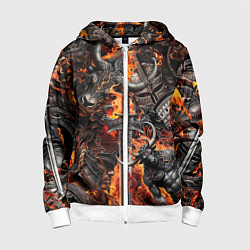 Толстовка на молнии детская Гладиатор и минотавр на фоне огня мечей и щитов, цвет: 3D-белый