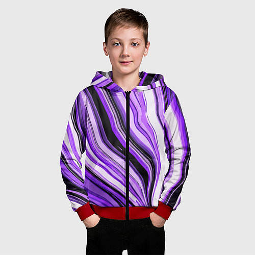 Детская толстовка на молнии Волнистые вертикальные чёрно-фиолетовые полосы / 3D-Красный – фото 3