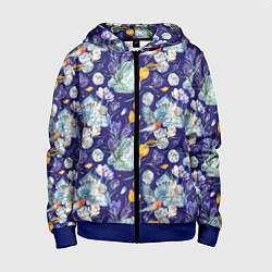 Толстовка на молнии детская Крокусы и зяблик во льдах, цвет: 3D-синий