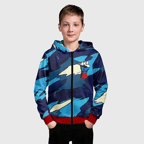 Детская толстовка на молнии Синий камуфляж русская сила / 3D-Красный – фото 3