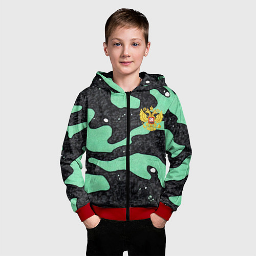 Детская толстовка на молнии Текстурный черно-зеленый камуфляж / 3D-Красный – фото 3