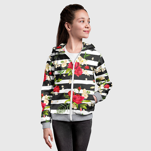Детская толстовка на молнии Красные розы на черных полосках / 3D-Меланж – фото 4