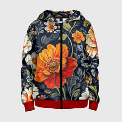 Толстовка на молнии детская Маки и пионы старинный паттерн, цвет: 3D-красный