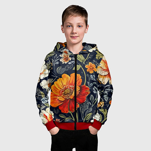 Детская толстовка на молнии Маки и пионы старинный паттерн / 3D-Красный – фото 3
