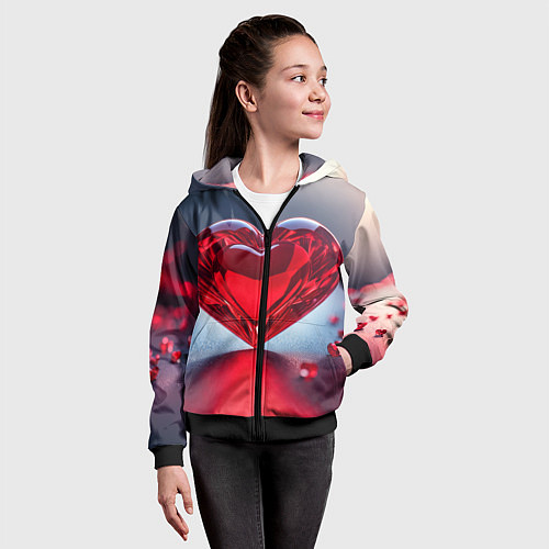 Детская толстовка на молнии Хрустальное красное сердце на сером фоне с боке / 3D-Черный – фото 4