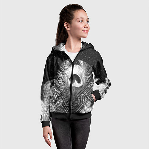 Детская толстовка на молнии Изогнутые белые перья павлина - чб иллюстрация / 3D-Черный – фото 4