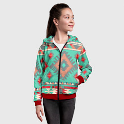 Толстовка на молнии детская Оранжево бирюзовый геометрический узор в стиле ацт, цвет: 3D-красный — фото 2