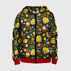 Толстовка на молнии детская Хохлома цветы, цвет: 3D-красный