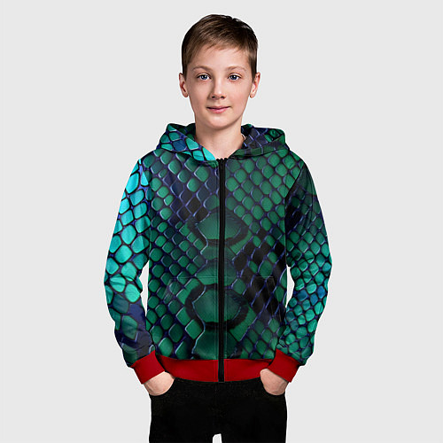 Детская толстовка на молнии Бирюзовая змеиная кожа / 3D-Красный – фото 3