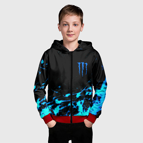 Детская толстовка на молнии Monster energy голубые краски / 3D-Красный – фото 3