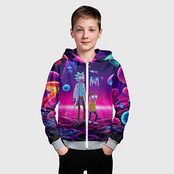 Толстовка на молнии детская Морти и Рик на планете неоновых сказочных грибов, цвет: 3D-меланж — фото 2