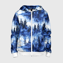 Толстовка на молнии детская Силуэты деревьев и отражения - акварельный лесной, цвет: 3D-белый