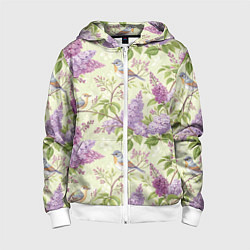 Толстовка на молнии детская Сирень и птицы, цвет: 3D-белый