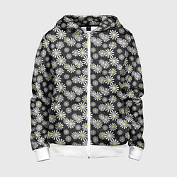 Толстовка на молнии детская Белые цветы ромашки на черном в мелкий горошек, цвет: 3D-белый