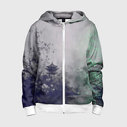 Толстовка на молнии детская Рыбацкий домик на берегу озера, цвет: 3D-белый