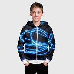 Толстовка на молнии детская Неоновые голубые волны на черном фоне, цвет: 3D-белый — фото 2