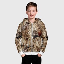 Толстовка на молнии детская Разные перья птиц - коричнево-бежевый паттерн, цвет: 3D-белый — фото 2