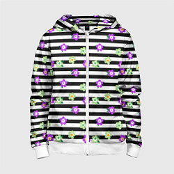 Толстовка на молнии детская Фиолетовые зеленый цветы на черно белом полосатом, цвет: 3D-белый