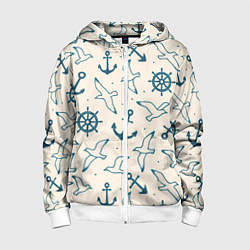 Толстовка на молнии детская Морской паттерн из штурвалов, чаек и якорей, цвет: 3D-белый