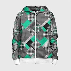 Толстовка на молнии детская Черно бирюзовая абстрактная геометрия пэчворк, цвет: 3D-белый