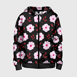 Толстовка на молнии детская Чёрный в светлый розовый цветочек паттерн, цвет: 3D-черный