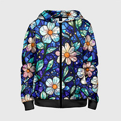 Толстовка на молнии детская Цветочный тёмно-синий витраж, цвет: 3D-черный