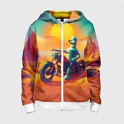 Толстовка на молнии детская Робот Бендер на мотоцикле в пустыне, цвет: 3D-белый