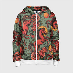 Детская толстовка на молнии Красный конь и розы