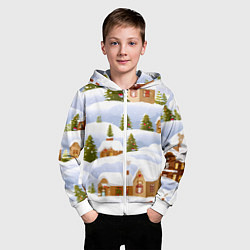 Толстовка на молнии детская Новогодние домики и елочки, цвет: 3D-белый — фото 2
