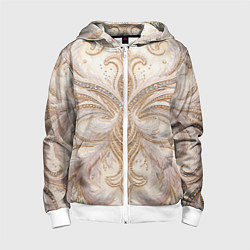 Толстовка на молнии детская Перламутровый орнамент с перьями, цвет: 3D-белый