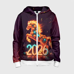 Толстовка на молнии детская Новогодняя мандариновая лошадь 2026, цвет: 3D-белый