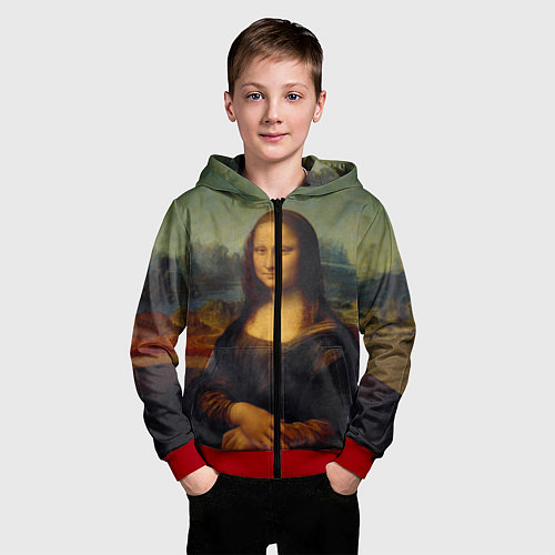 Детская толстовка на молнии Леонардо да Винчи - Мона Лиза / 3D-Красный – фото 3