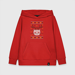 Толстовка детская хлопковая Рождественский свитер с котом, цвет: красный