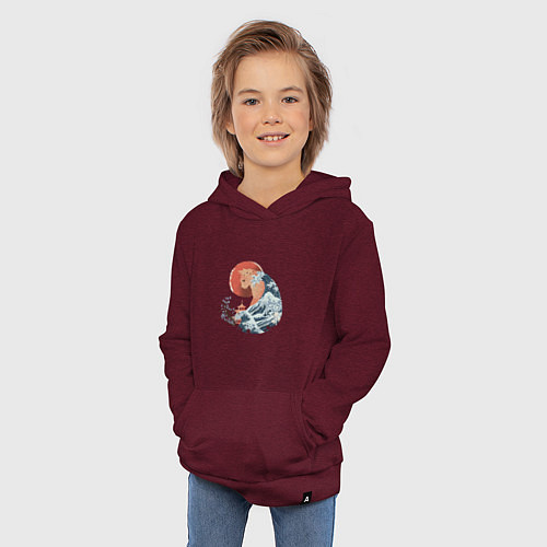 Детская толстовка-худи Душа природы Японии - Бушующее море / Меланж-бордовый – фото 3