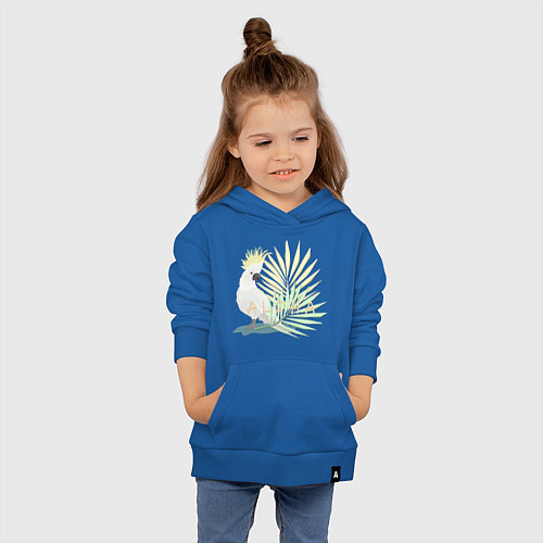 Детская толстовка-худи Белый попугай с хохолком на фоне листьев пальмы / Синий – фото 4