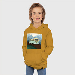Толстовка детская хлопковая Машина и горы в путешествии, цвет: горчичный — фото 2