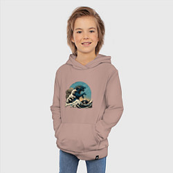 Толстовка детская хлопковая Годзилла в Большой волне у Канагавы, цвет: пыльно-розовый — фото 2