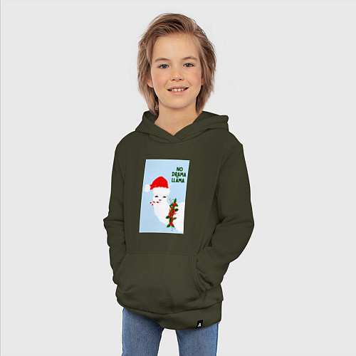 Детская толстовка-худи Лама Санта Клаус no drama llama / Хаки – фото 3