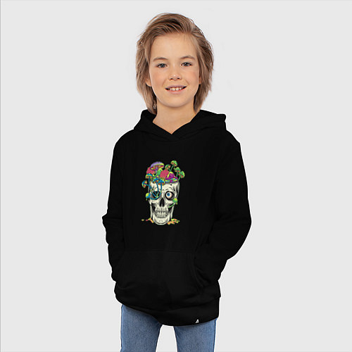 Детская толстовка-худи Психоделический череп с грибами / Черный – фото 3