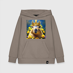 Толстовка детская хлопковая Мем капибара царь на троне и желтые цветы, цвет: утренний латте