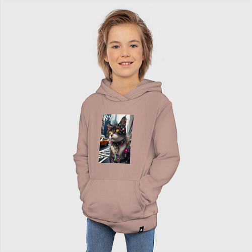 Детская толстовка-худи Пирсинг Нью-Йоркского кота - нейросеть / Пыльно-розовый – фото 3