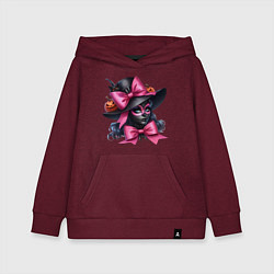 Толстовка детская хлопковая Девушка в гриме кошки и в черной шляпе и с розовым, цвет: меланж-бордовый
