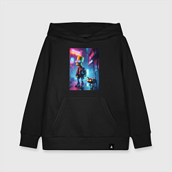 Толстовка детская хлопковая Барт Симпсон гуляет с роботом котом в ночном город, цвет: черный