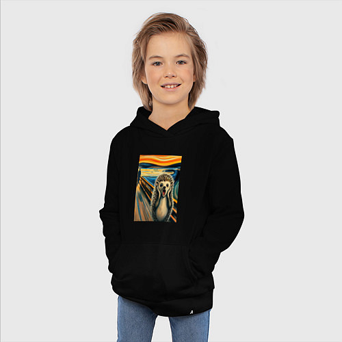 Детская толстовка-худи Ёжик кричит на картине Эдварда Мунка - мем искусст / Черный – фото 3