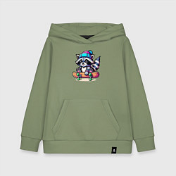 Толстовка детская хлопковая Енотик крутой скейтбордист - нейроарт, цвет: авокадо