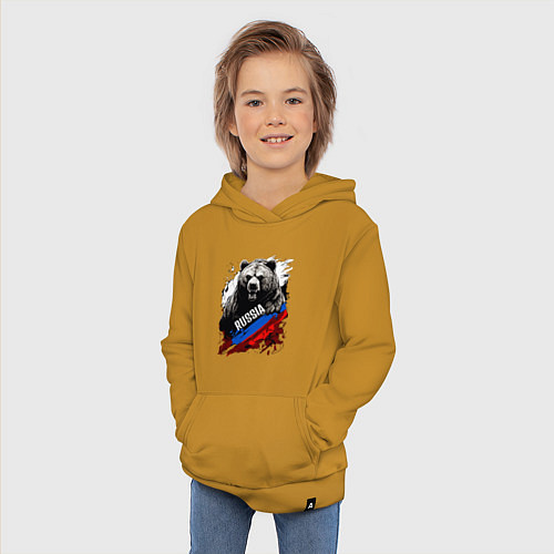 Детская толстовка-худи Русский медведь на фоне флага России / Горчичный – фото 3