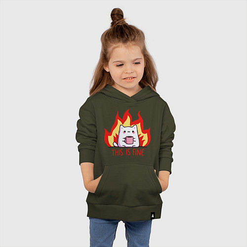 Детская толстовка-худи Cat - this is fine / Хаки – фото 4